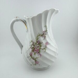Haviland Limoges France Porcelain Pitcher White Pink Floral Swirl Gold Trim 6in
